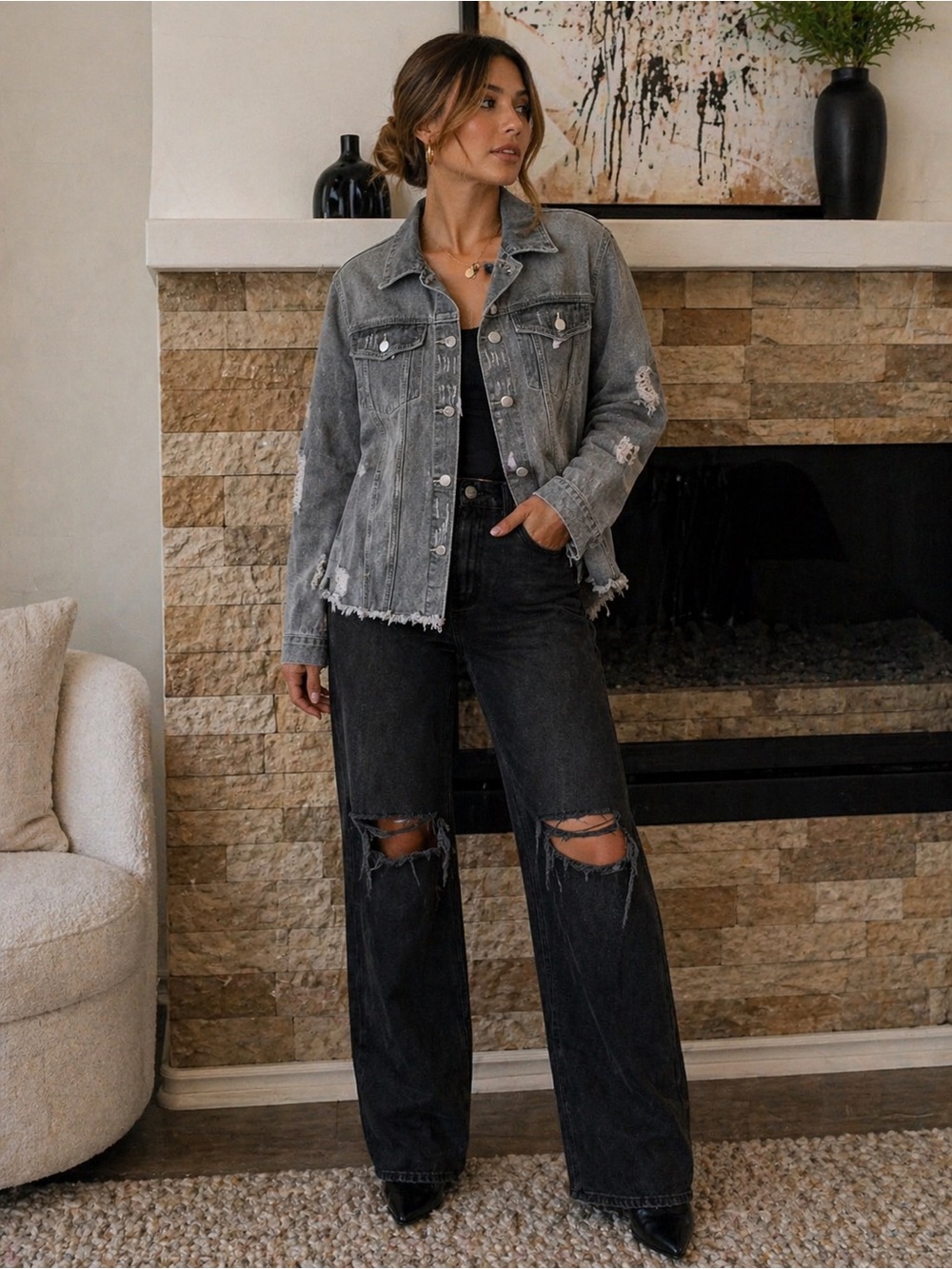 Distressed Black Jean Jacket Black Grunge Band
